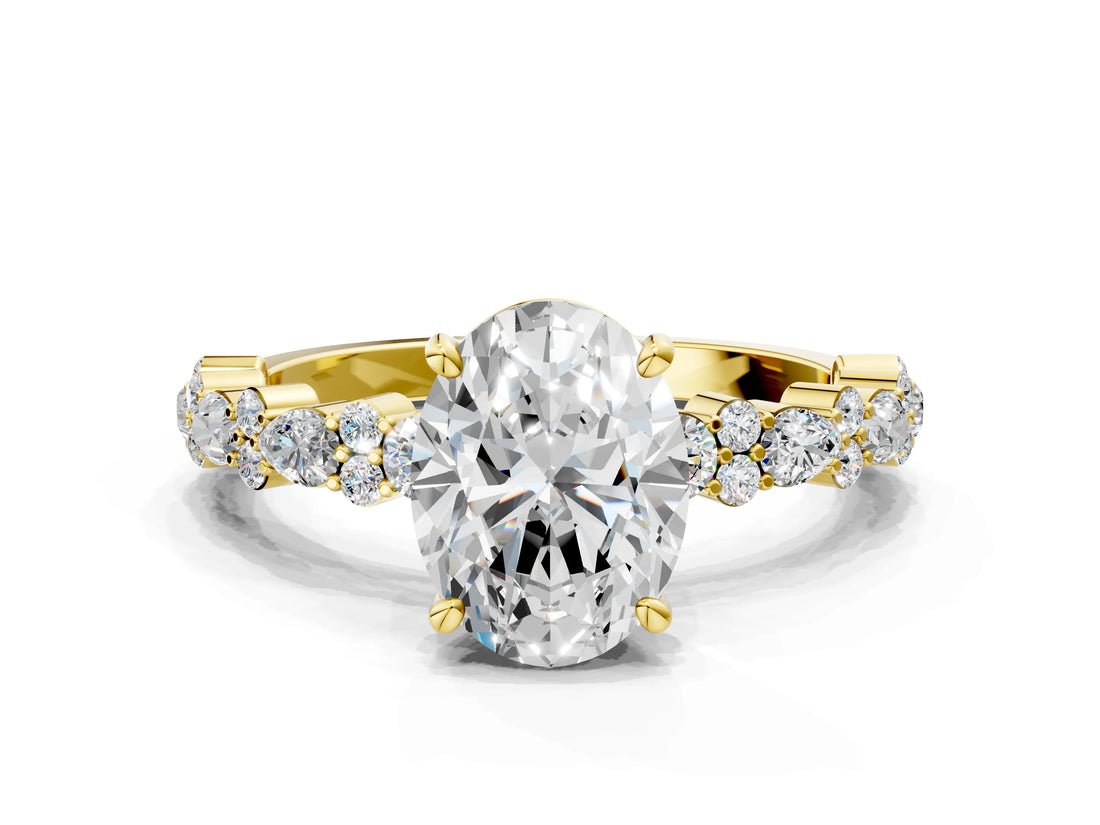 Yellow gold Oval Cut Diamond Side Stone Solitaire Ring with Round with Moissanite side stone and Four-Prong Setting