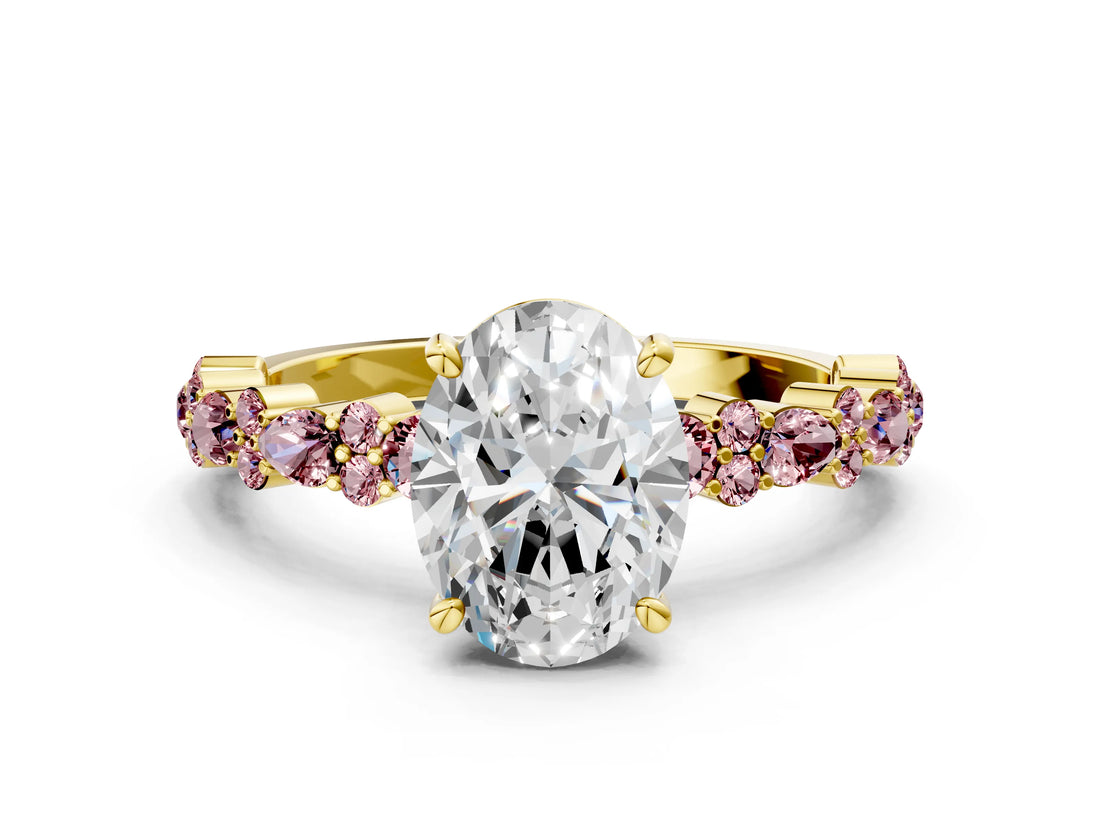Yellow gold Oval Cut Diamond Side Stone Solitaire Ring with Round with Morganite side stone and Four-Prong Setting