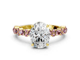 Yellow gold Oval Cut Diamond Side Stone Solitaire Ring with Round with Morganite side stone and Four-Prong Setting