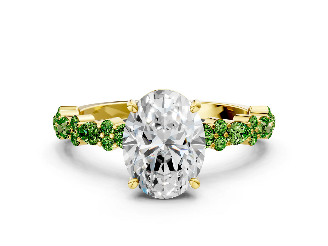 Yellow gold Oval Cut Diamond Side Stone Solitaire Ring with Round with Peridot side stone and Four-Prong Setting