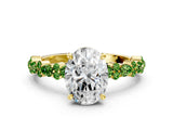 Yellow gold Oval Cut Diamond Side Stone Solitaire Ring with Round with Peridot side stone and Four-Prong Setting