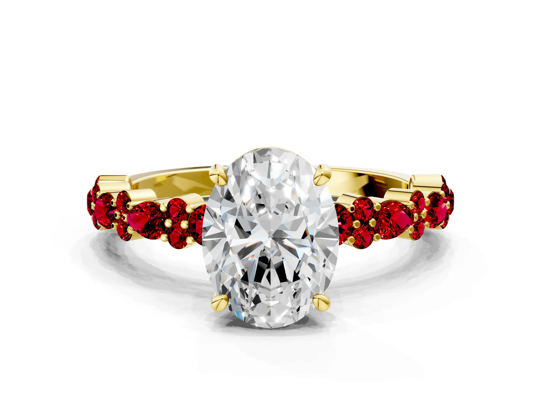 Yellow gold Oval Cut Diamond Side Stone Solitaire Ring with Round with Ruby side stone and Four-Prong Setting