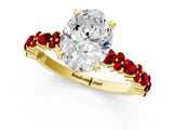 Yellow gold Oval Cut Diamond Side Stone Solitaire Ring with Round with Ruby side stone and Four-Prong Setting_1