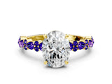 Yellow gold Oval Cut Diamond Side Stone Solitaire Ring with Round with Tanzanite side stone and Four-Prong Setting