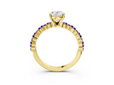 Yellow gold Oval Cut Diamond Side Stone Solitaire Ring with Round with Tanzanite side stone and Four-Prong Setting_3