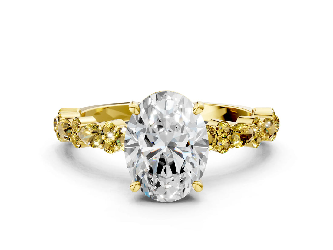 Yellow gold Oval Cut Diamond Side Stone Solitaire Ring with Round with Yellow Sapphire side stone and Four-Prong Setting