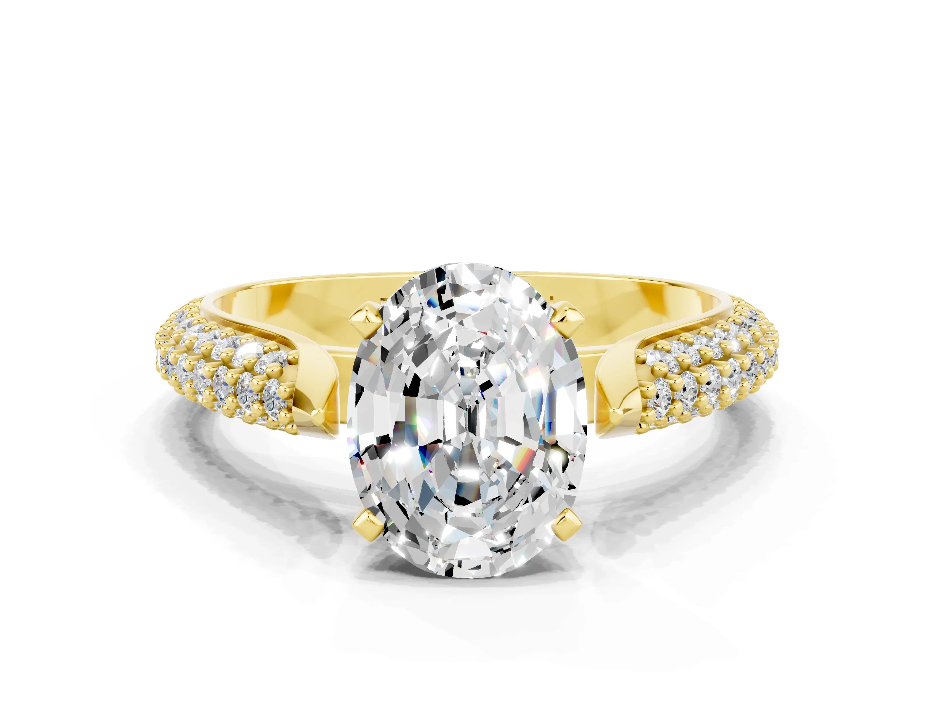 Yellow gold Oval Cut Diamond Solitaire Engagement Ring with Pavé Band and Four-Prong Setting