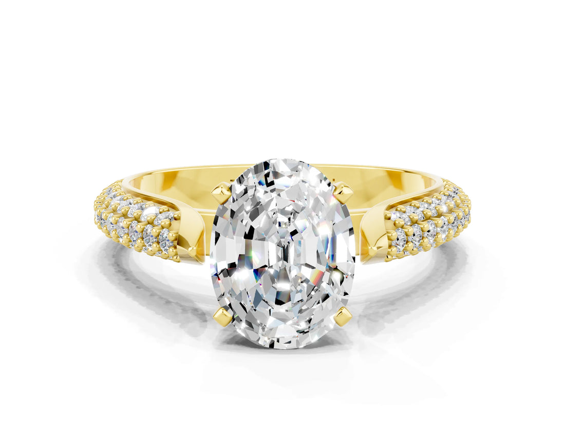 Yellow gold Oval Cut Diamond Solitaire Engagement Ring with Pavé Band and Four-Prong Setting
