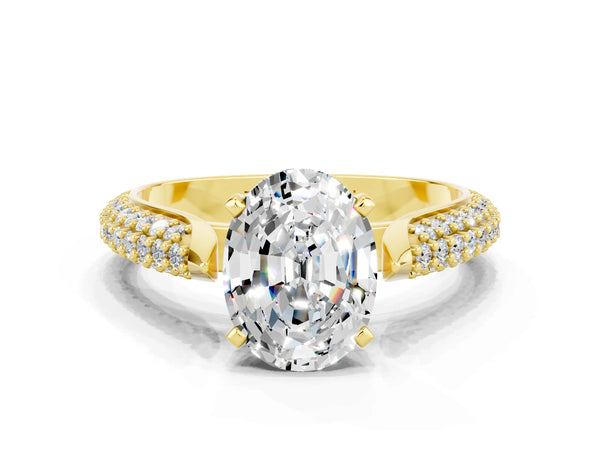 Yellow gold Oval Cut Moissanite Solitaire Engagement Ring with Multi-Row Round Pavé Band and Prong Setting