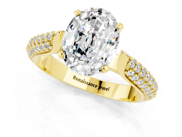 Yellow gold Oval Cut Moissanite Solitaire Engagement Ring with Multi-Row Round Pavé Band and Prong Setting