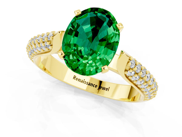 Yellow gold Oval Cut Emerald Solitaire Engagement Ring with Multi-Row Round Pavé Band and Prong Setting