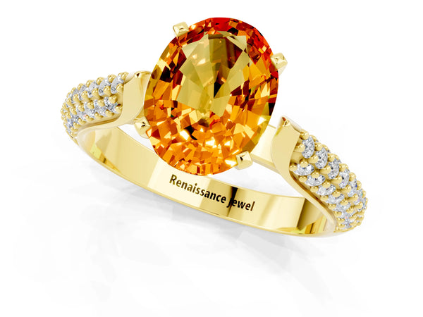 Yellow gold Oval Cut Citrine Solitaire Engagement Ring with Multi-Row Round Pavé Band and Prong Setting