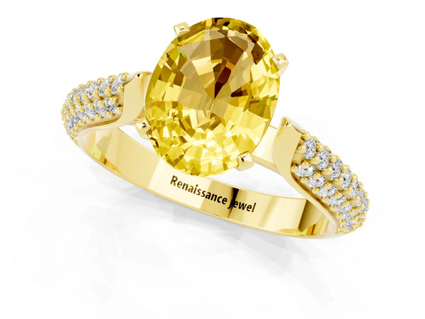 Yellow gold Oval Cut Yellow Sapphire Solitaire Engagement Ring with Multi-Row Round Pavé Band and Prong Setting