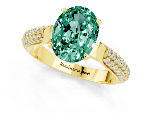 Yellow gold Oval Cut Green Sapphire Solitaire Engagement Ring with Multi-Row Round Pavé Band and Prong Setting