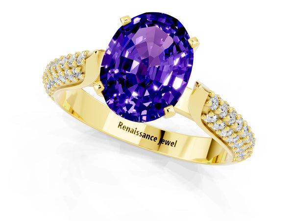 Yellow gold Oval Cut Tanzanite Solitaire Engagement Ring with Multi-Row Round Pavé Band and Prong Setting