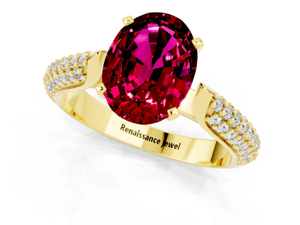 Yellow gold Oval Cut Garnet Solitaire Engagement Ring with Multi-Row Round Pavé Band and Prong Setting