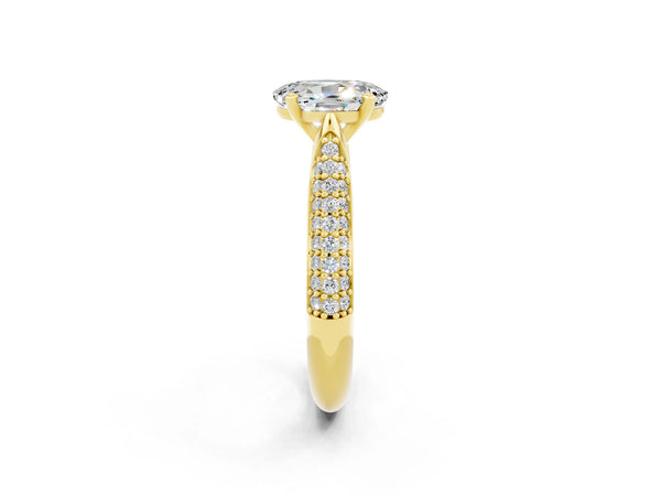 Yellow gold Oval Cut Moissanite Solitaire Engagement Ring with Multi-Row Round Pavé Band and Prong Setting