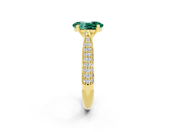Yellow gold Oval Cut Green Sapphire Solitaire Engagement Ring with Multi-Row Round Pavé Band and Prong Setting