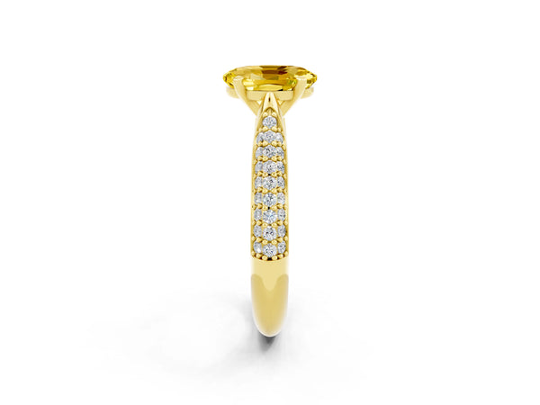 Yellow gold Oval Cut Yellow Sapphire Solitaire Engagement Ring with Multi-Row Round Pavé Band and Prong Setting