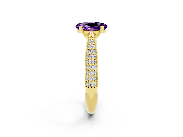 Yellow gold Oval Cut Amethyst Solitaire Engagement Ring with Multi-Row Round Pavé Band and Prong Setting