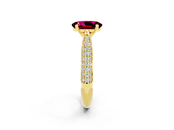 Yellow gold Oval Cut Garnet Solitaire Engagement Ring with Multi-Row Round Pavé Band and Prong Setting