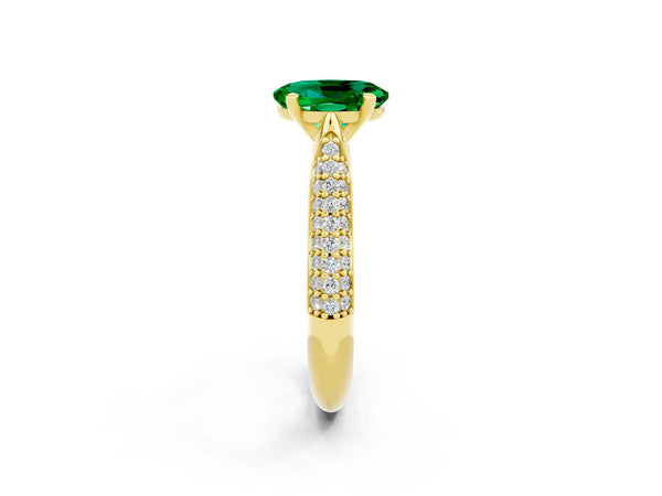 Yellow gold Oval Cut Emerald Solitaire Engagement Ring with Multi-Row Round Pavé Band and Prong Setting