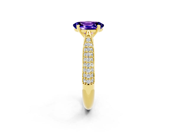 Yellow gold Oval Cut Tanzanite Solitaire Engagement Ring with Multi-Row Round Pavé Band and Prong Setting