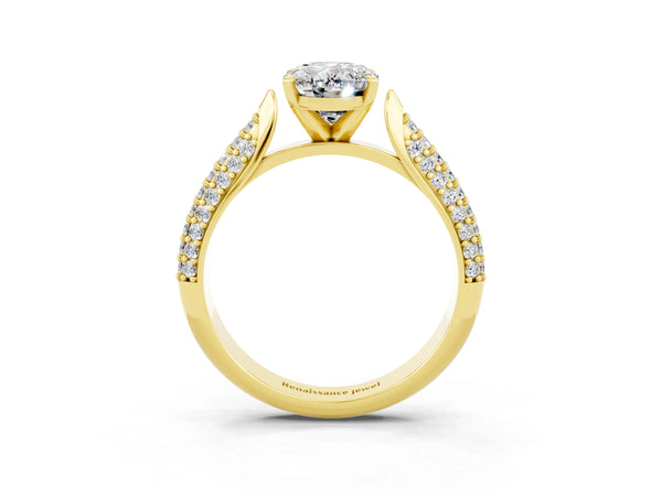 Yellow gold Oval Cut Moissanite Solitaire Engagement Ring with Multi-Row Round Pavé Band and Prong Setting