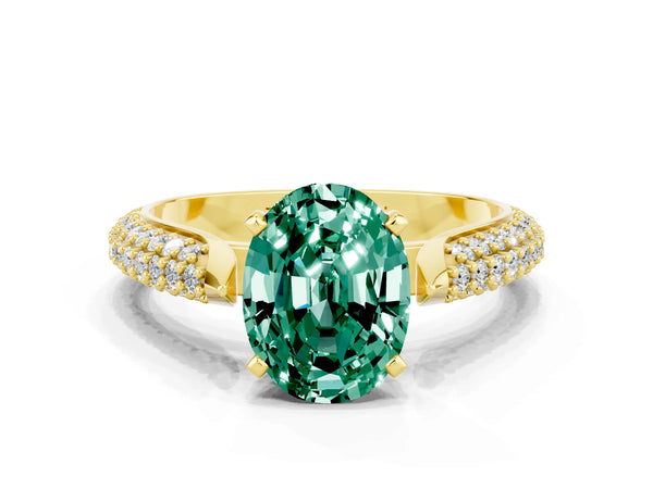 Yellow gold Oval Cut Green Sapphire Solitaire Engagement Ring with Multi-Row Round Pavé Band and Prong Setting