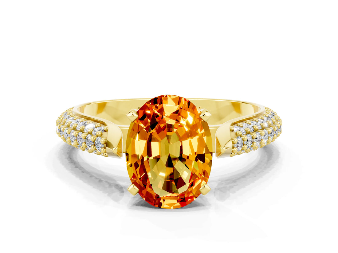 Yellow gold Oval Cut Diamond Solitaire Engagement Ring with Pavé Band and Four-Prong Setting