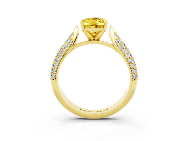 Yellow gold Oval Cut Yellow Sapphire Solitaire Engagement Ring with Multi-Row Round Pavé Band and Prong Setting