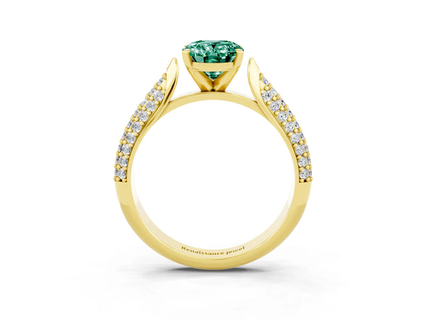 Yellow gold Oval Cut Green Sapphire Solitaire Engagement Ring with Multi-Row Round Pavé Band and Prong Setting