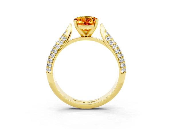 Yellow gold Oval Cut Citrine Solitaire Engagement Ring with Multi-Row Round Pavé Band and Prong Setting