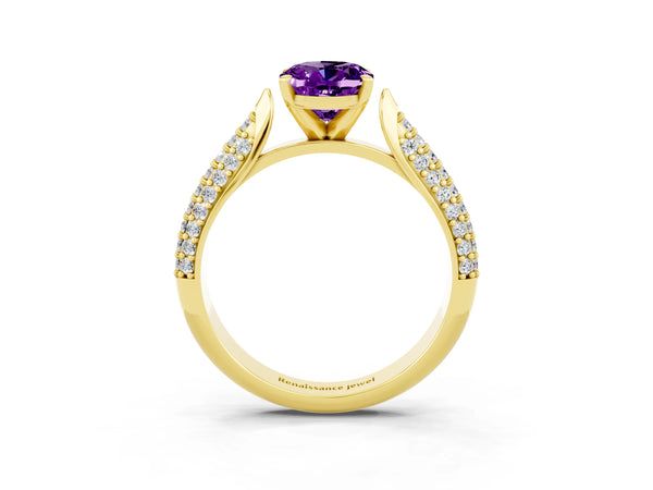 Yellow gold Oval Cut Amethyst Solitaire Engagement Ring with Multi-Row Round Pavé Band and Prong Setting
