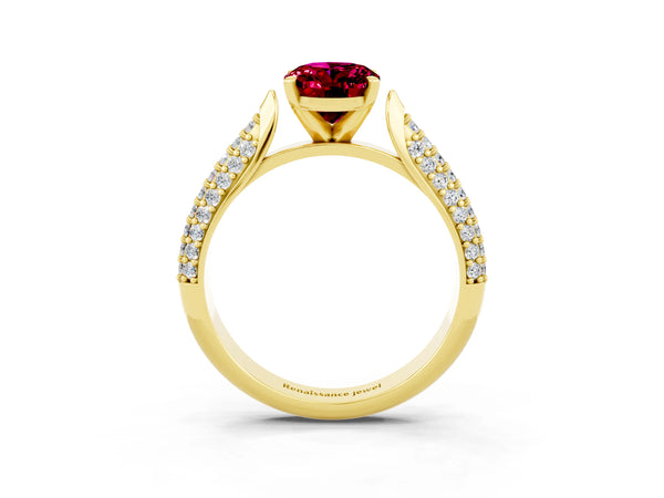 Yellow gold Oval Cut Garnet Solitaire Engagement Ring with Multi-Row Round Pavé Band and Prong Setting