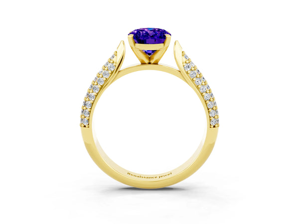 Yellow gold Oval Cut Tanzanite Solitaire Engagement Ring with Multi-Row Round Pavé Band and Prong Setting