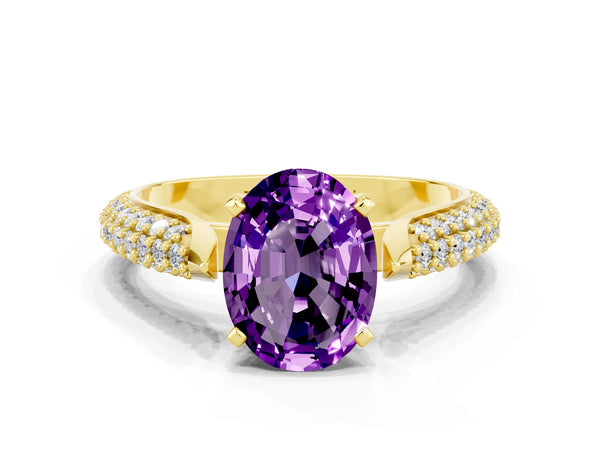 Yellow gold Oval Cut Amethyst Solitaire Engagement Ring with Multi-Row Round Pavé Band and Prong Setting