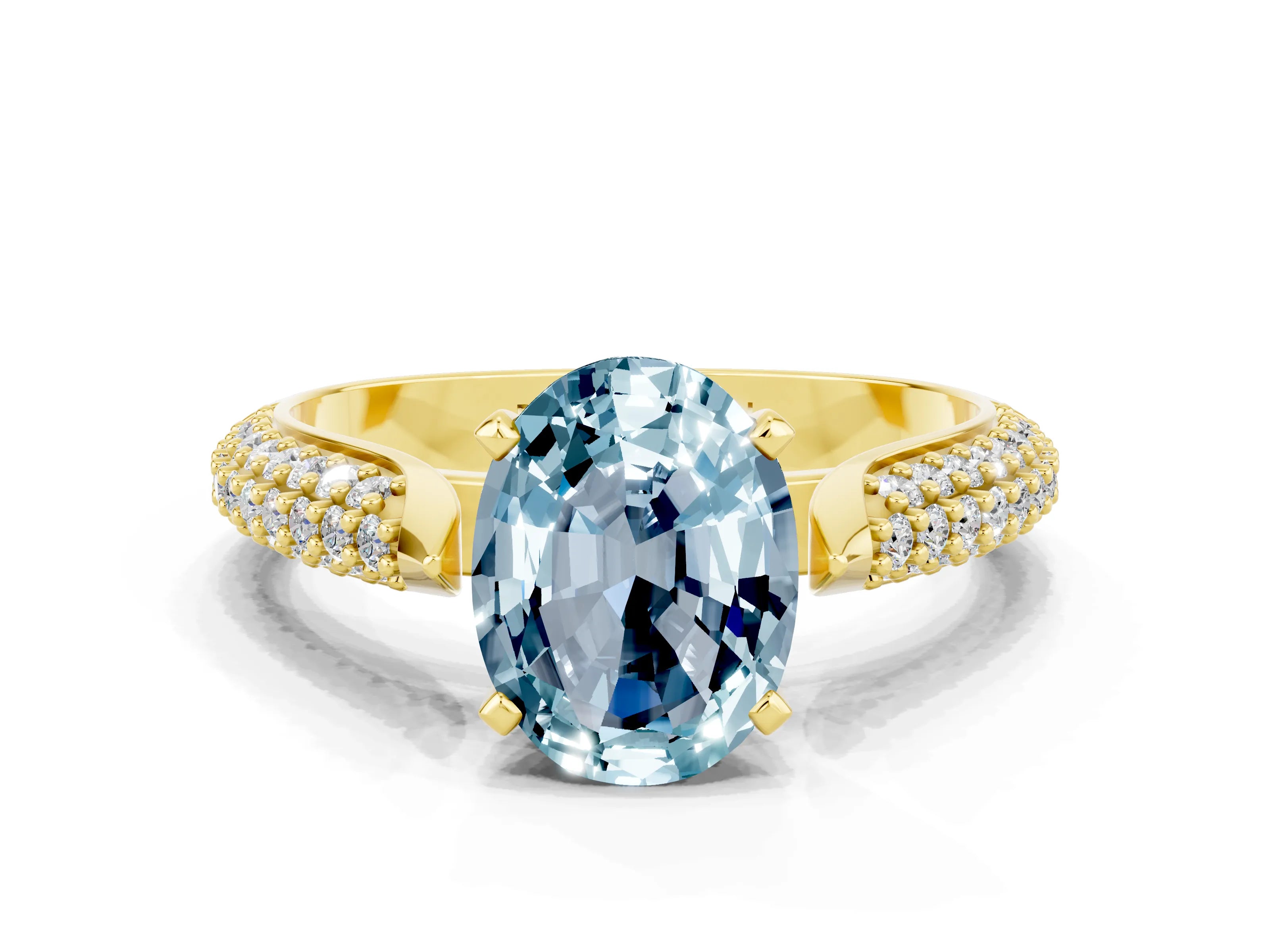 Yellow gold Oval Cut Diamond Solitaire Engagement Ring with Pavé Band and Four-Prong Setting