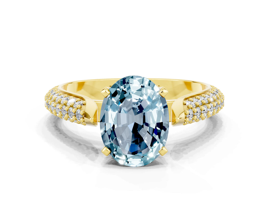 Yellow gold Oval Cut Diamond Solitaire Engagement Ring with Pavé Band and Four-Prong Setting