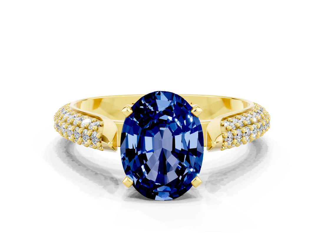 Yellow gold Oval Cut Diamond Solitaire Engagement Ring with Pavé Band and Four-Prong Setting