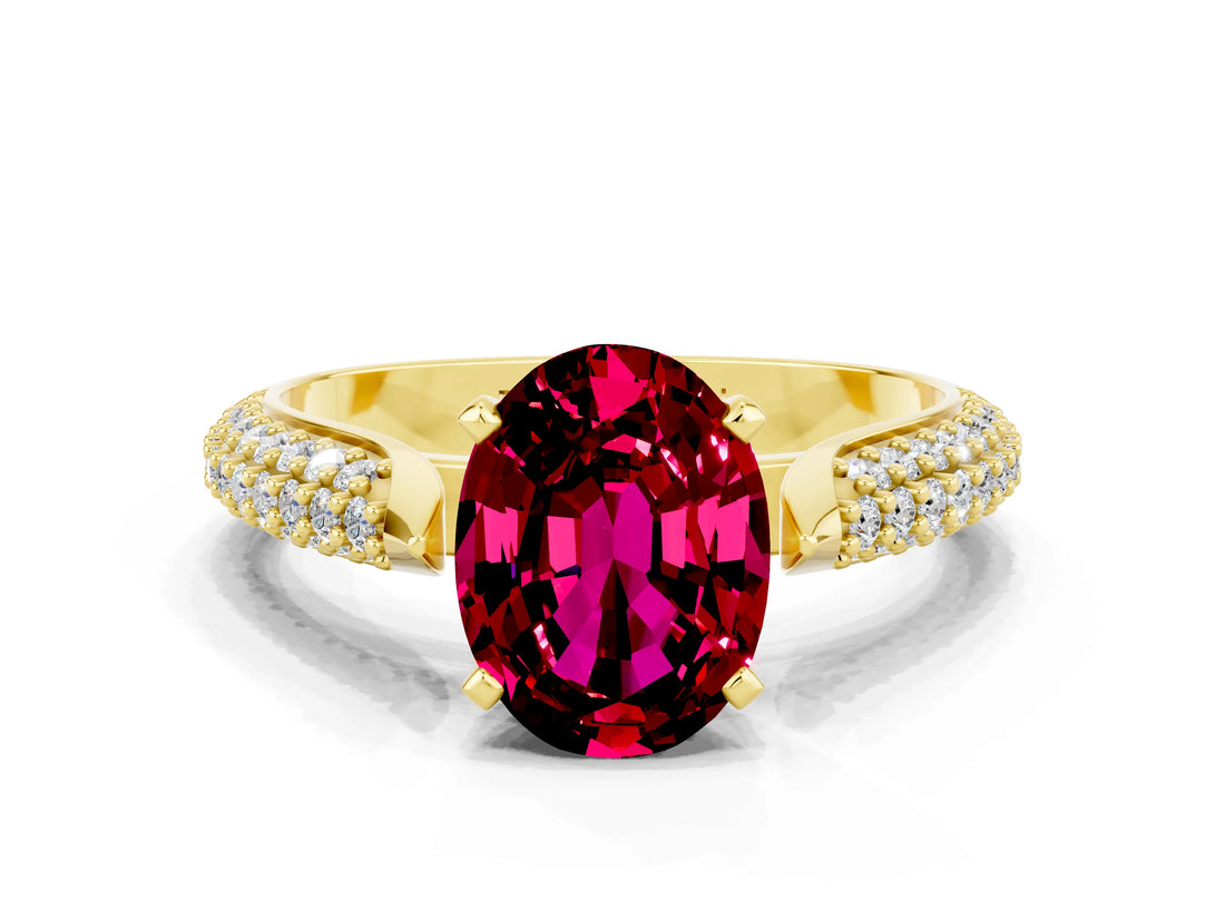 Yellow gold Oval Cut Diamond Solitaire Engagement Ring with Pavé Band and Four-Prong Setting