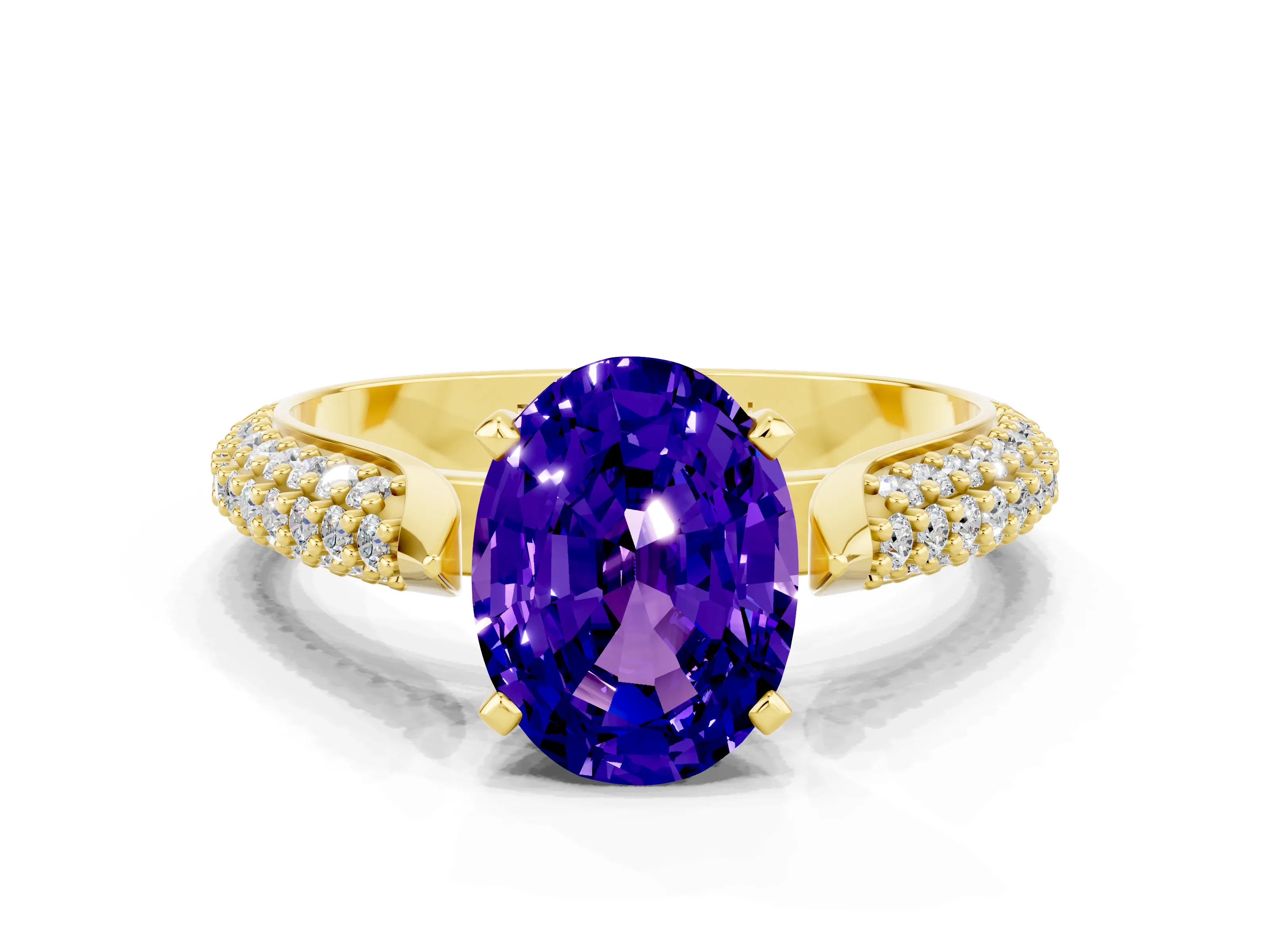 Yellow gold Oval Cut Diamond Solitaire Engagement Ring with Pavé Band and Four-Prong Setting