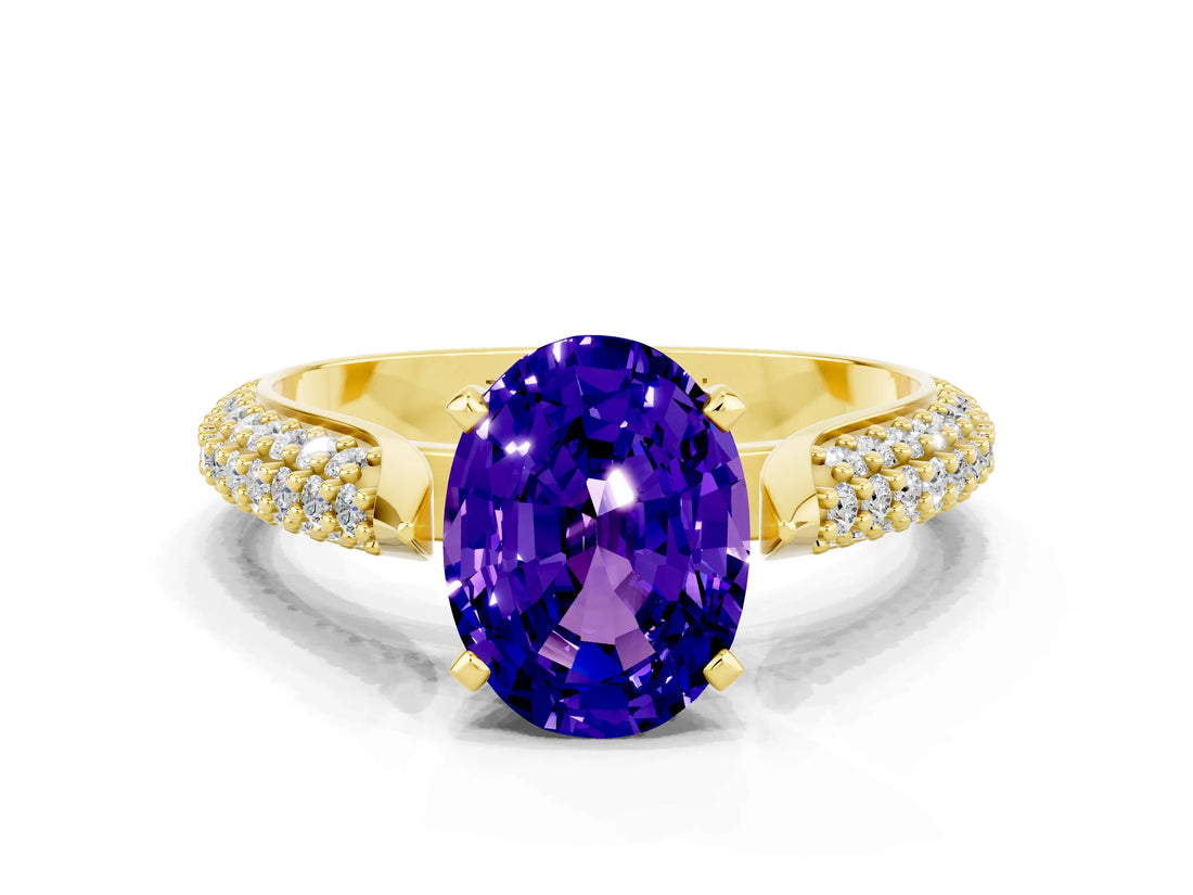 Yellow gold Oval Cut Diamond Solitaire Engagement Ring with Pavé Band and Four-Prong Setting