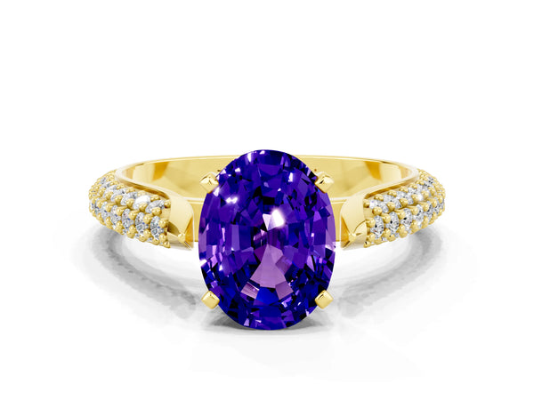 Yellow gold Oval Cut Tanzanite Solitaire Engagement Ring with Multi-Row Round Pavé Band and Prong Setting