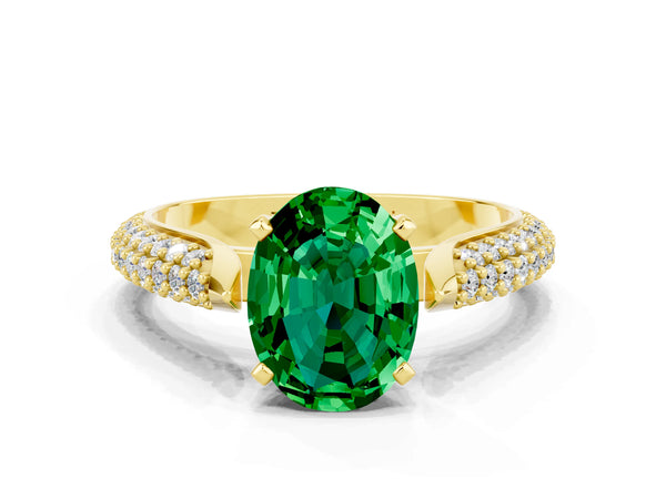 Yellow gold Oval Cut Emerald Solitaire Engagement Ring with Multi-Row Round Pavé Band and Prong Setting