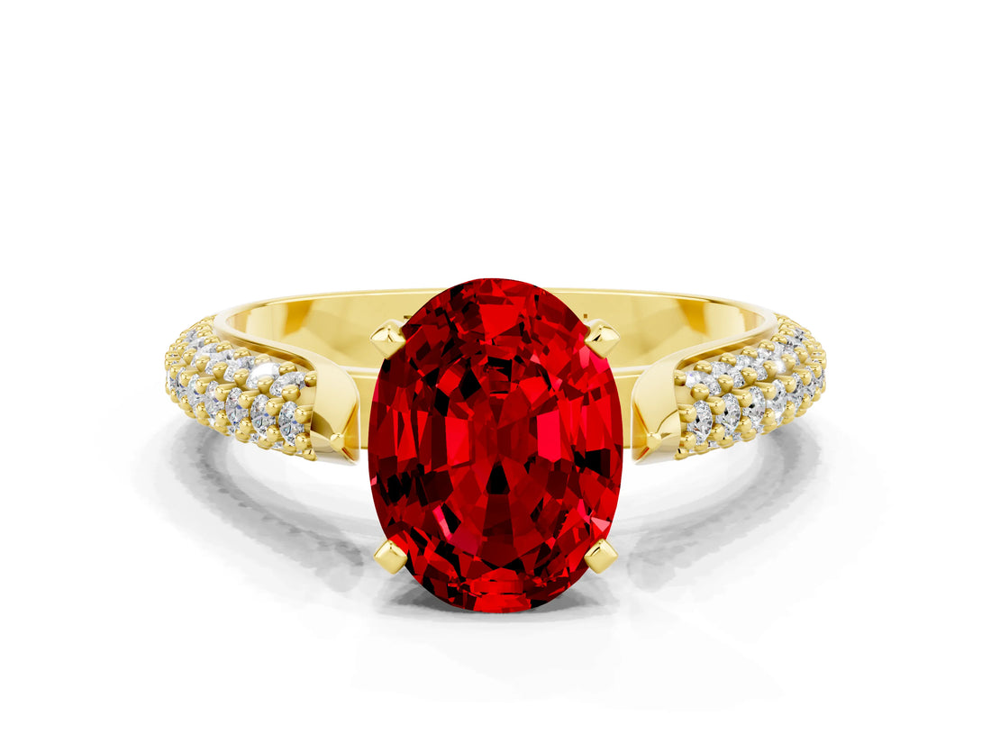 Yellow gold Oval Cut Diamond Solitaire Engagement Ring with Pavé Band and Four-Prong Setting