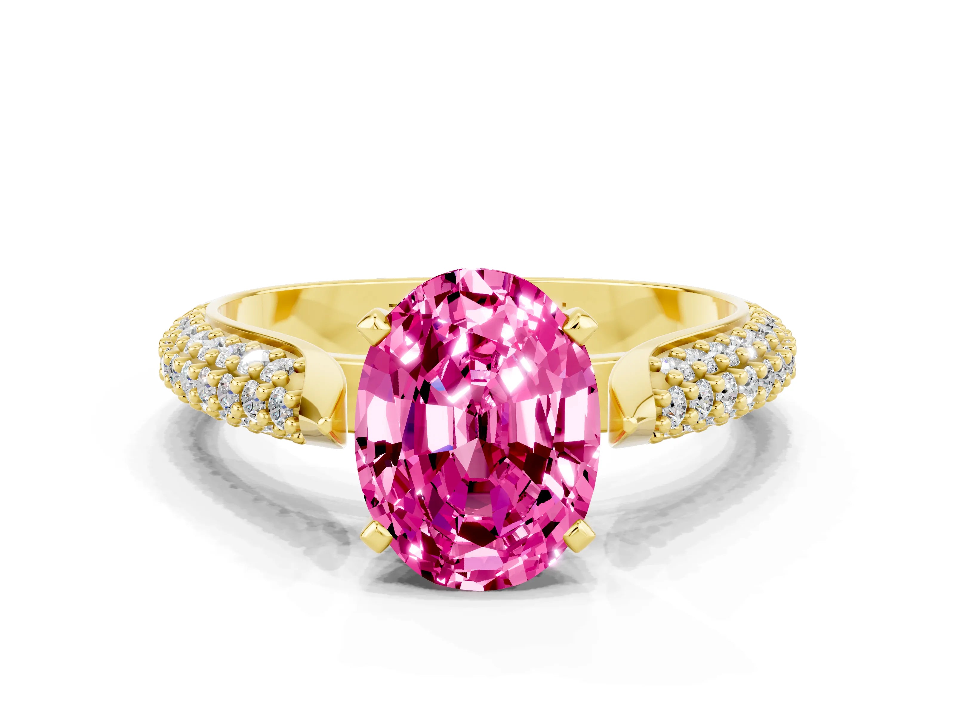 Yellow gold Oval Cut Diamond Solitaire Engagement Ring with Pavé Band and Four-Prong Setting