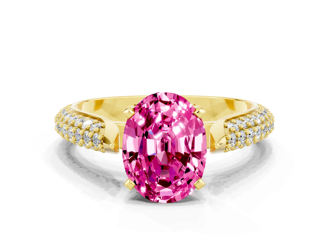 Yellow gold Oval Cut Diamond Solitaire Engagement Ring with Pavé Band and Four-Prong Setting