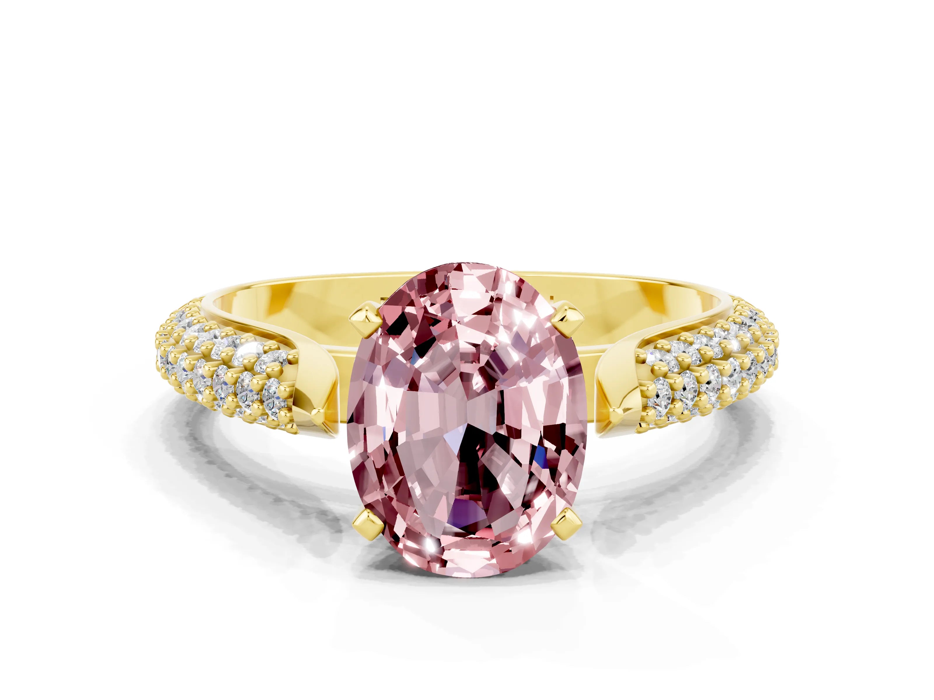 Yellow gold Oval Cut Diamond Solitaire Engagement Ring with Pavé Band and Four-Prong Setting