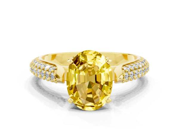 Yellow gold Oval Cut Yellow Sapphire Solitaire Engagement Ring with Multi-Row Round Pavé Band and Prong Setting